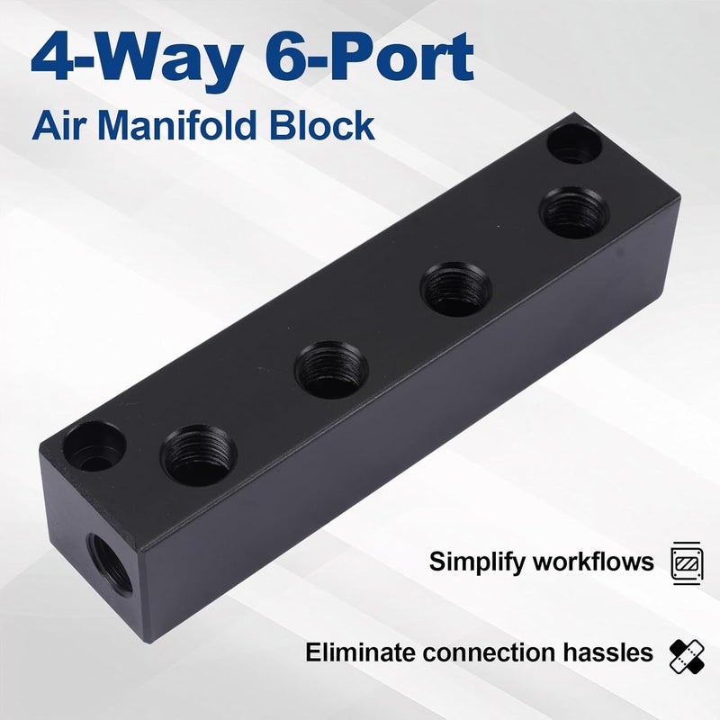 MARSTEK Air Manifold 1/4 NPT, Air Compressor Manifold, Air Hose Inline Manifold Block Splitter, Pneumatic Manifold Air Distribution Block, NPT 1/4 Inch Port (4 Way 6 Port) - Image 2